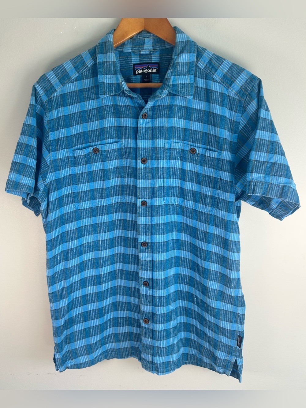 Patagonia Men’s Back Step Shirt Sz M Blue Check Plaid Hemp Organic Cotton Blend